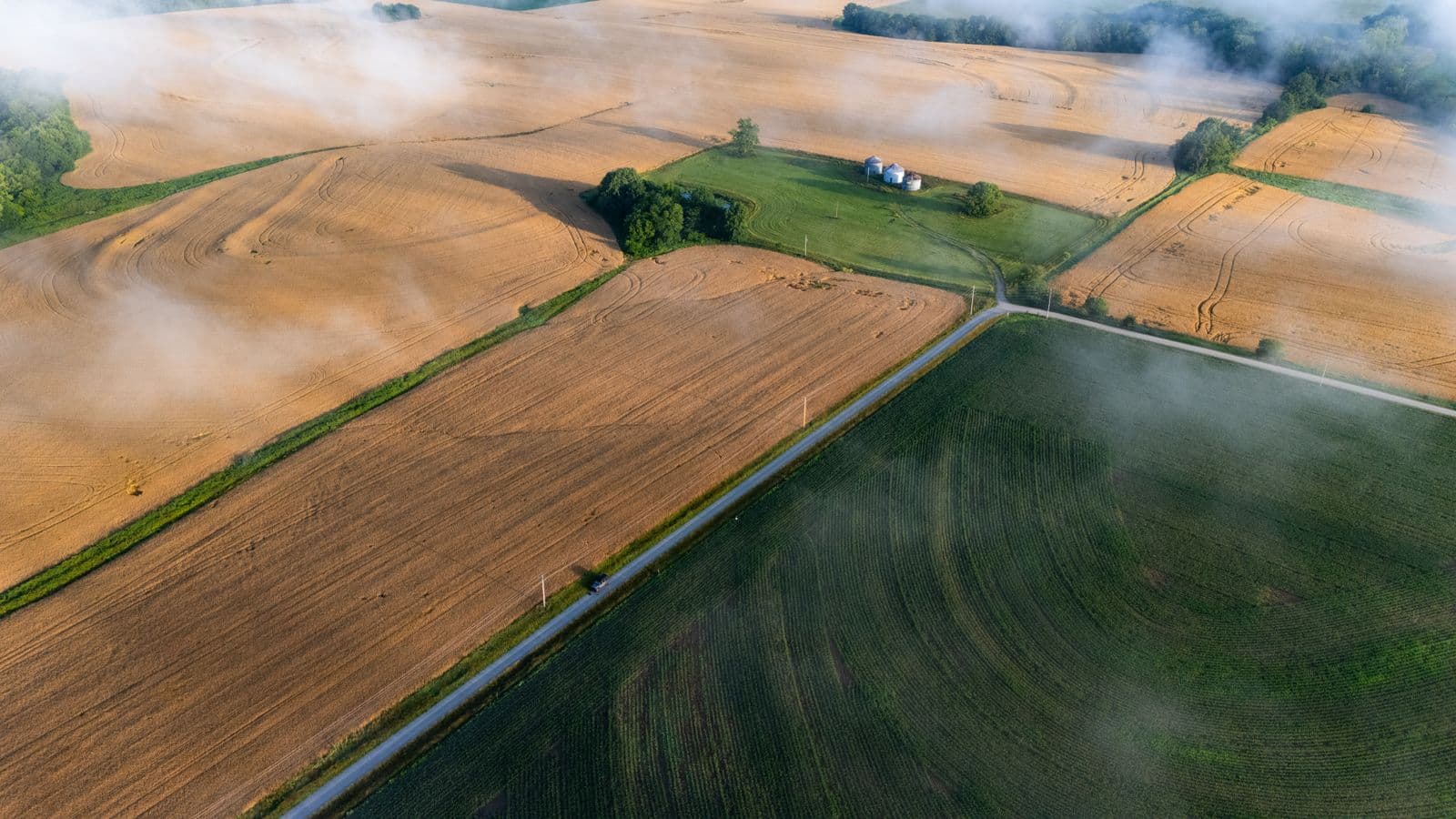 Aerial view of arable fields at sunrise, divided into cultivated strips.