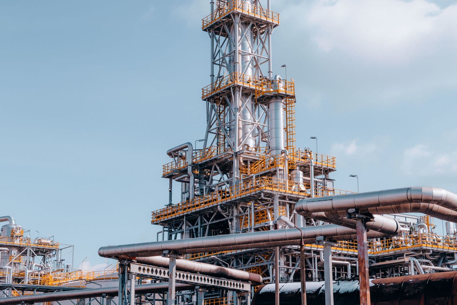 A distillation column and process pipework at a chemical plant.